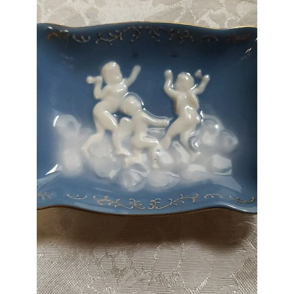 Ardalt Trinket Dish Blue White Cherubs Clouds Angels Gold Trim Japan Vintage